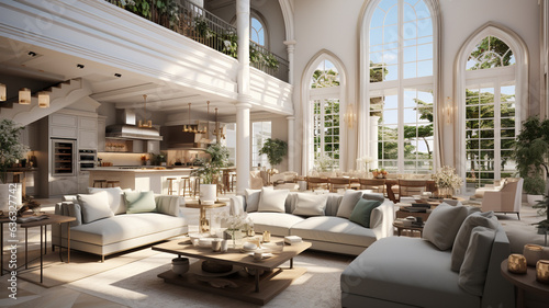 Luxurious interior design living room and white kitchen. Open plan interior