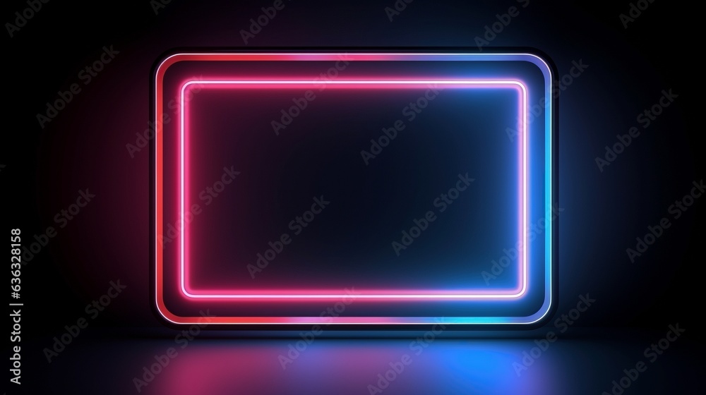Modern futuristic abstract blue, red and pink neon glowing light square frame design in dark room background. Modern futuristic abstract blue, red and pink neon glowing light square frame design in dark room background.