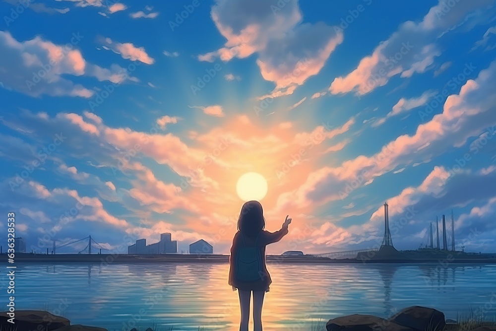 Fototapeta premium anime girl on the beach at sunset