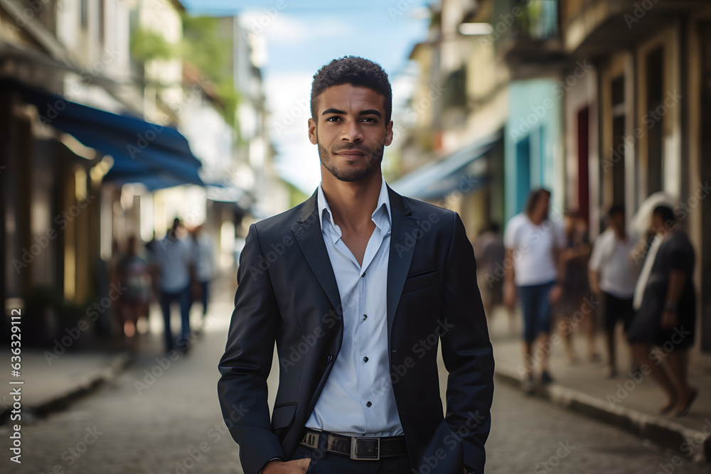 Obraz premium Diverse Paths of Success: Business Executive Lawyer Woman and Entrepreneur Brazilian Man Standing on the Sidewalk