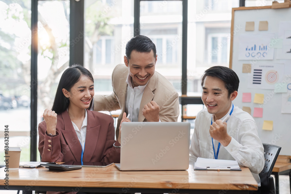 Asain business team Happy to be successful partnership teamwork achieved the desired goal Asain business team Happy to be successful partnership teamwork achieved the desired goal