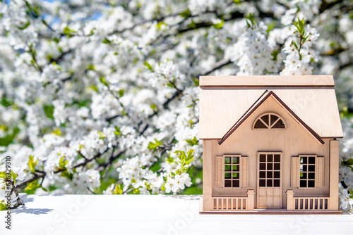 The symbol of the house stands against a background of cherry blossoms 