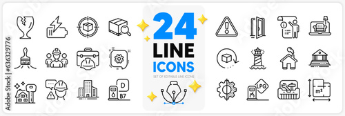 Icons set of Warning, Home and Diesel station line icons pack for app with Fragile package, Builder warning, Brush thin outline icon. Lighthouse, Cogwheel, Court building pictogram. Vector