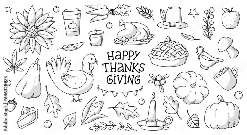 Thanksgiving doodles, monochrome set of sketched elements isolated on white background. Good for prints, stickers, coloring books, scrapbooking, sublimation, cards, signs, icons, etc. EPS 10