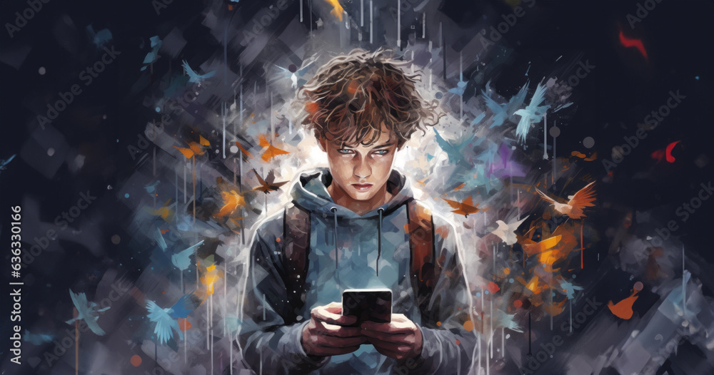 A young boy using social media or gaming on a cellphone or mobile phone. Online safety. A mix of emotions and mayhem surrounds the child. Social media addiction and manipulation.. - obrazy, fototapety, plakaty 
