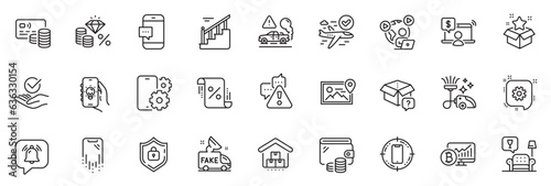 Icons pack as Exhaust, Photo location and Vacuum cleaner line icons for app include Smartphone message, Card, Online shopping outline thin icon web set. Smartphone target. Exhaust outline sign. Vector