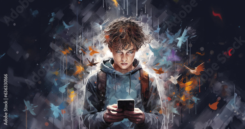 A young boy using social media or gaming on a cellphone or mobile phone. Online safety. A mix of emotions and mayhem surrounds the child. Social media addiction and manipulation..