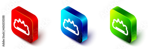 Isometric Brass knuckles icon isolated on white background. Red, blue and green square button. Vector