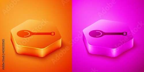 Isometric Sauna ladle icon isolated on orange and pink background. Hexagon button. Vector