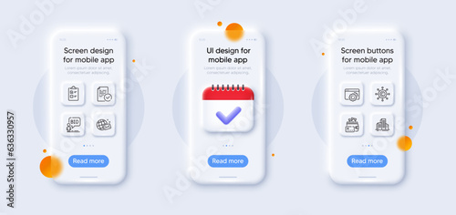 Money, Buildings and Seo gear line icons pack. 3d phone mockups with calendar. Glass smartphone screen. Auction, World mail, Copywriting network web icon. Checklist, Compliance pictogram. Vector