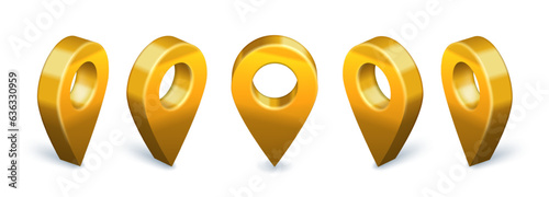 Golden locator pin 3D icon. Location map pointer rotation animation, gold metallic navigational markers and premium find us symbol vector set