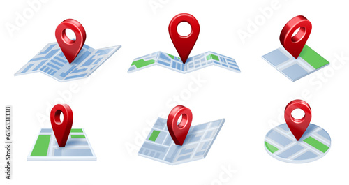 Pin on map. 3D Location icons, city GPS navigation and maps pointing arrows isolated vector illustration set