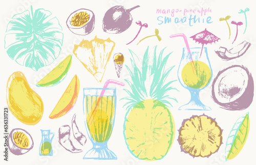 Hand drawn summer smoothie recipe illustration, glass and ingredients poster