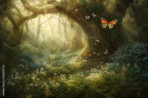 Lively woodland with delicate butterfly. Generative AI