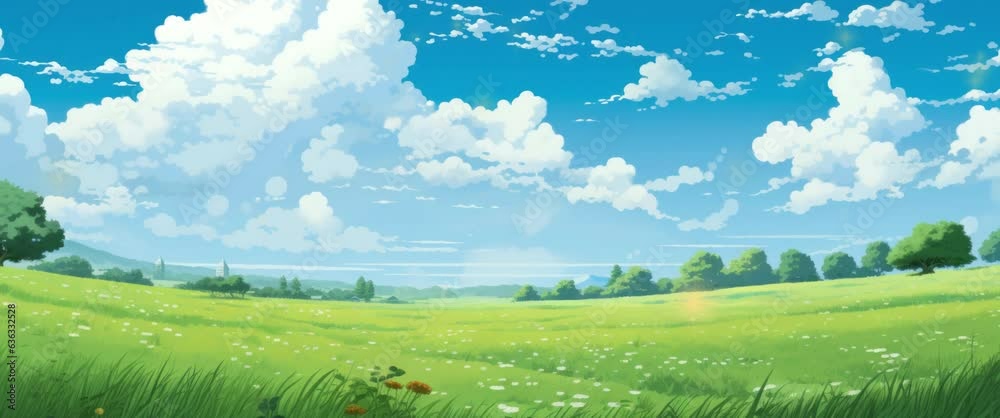 Sunny day weather on beautiful blue sky and green grass. Japanese anime watercolor painting illustration style. seamless looping video animated background. Anamorphic video
