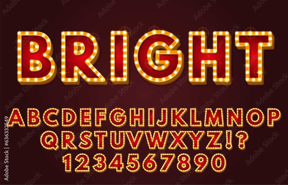 Glowing alphabet display font. Retro letters and numbers with light bulbs frames, nostalgic light sign lettering. Vintage signboard design vector bundle Glowing alphabet display font. Retro letters and numbers with light bulbs frames, nostalgic light sign lettering. Vintage signboard design vector bundle