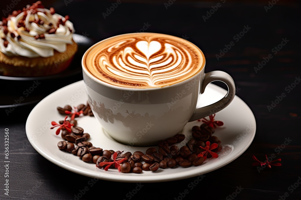 Cup of latte art,capuccino with cake view on top Cup of latte art,capuccino with cake view on top
