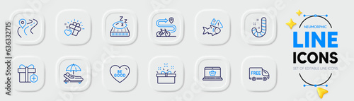 Add gift, Fish and Love gift line icons for web app. Pack of Bike path, Road, Be good pictogram icons. Candy, Online shopping, Present box signs. Mattress, Sunbed, Free delivery. Present box. Vector