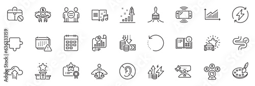 Icons pack as Vip certificate, Court judge and Calendar line icons for app include Brush, Graph, Palette outline thin icon web set. Report document, Puzzle, No hearing pictogram. Vector