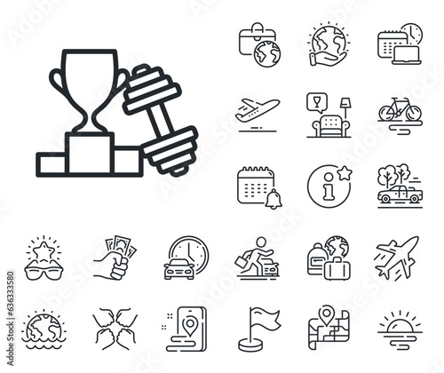 Workout equipment sign. Plane jet, travel map and baggage claim outline icons. Dumbbell with winner cup line icon. Gym fit symbol. Dumbbell line sign. Car rental, taxi transport icon. Vector