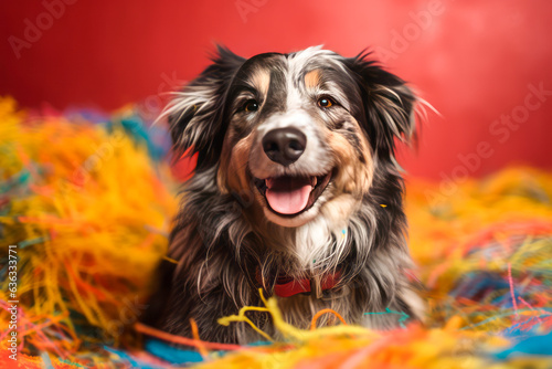 Portrait of beautiful dog in a mountain of colored confetti on red background. Celebration with pets or dogs concept.