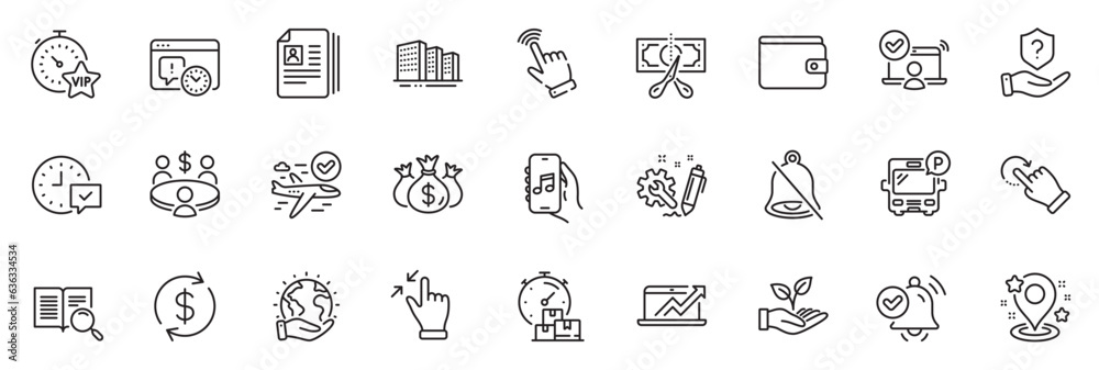 Icons pack as Project deadline, Fast delivery and Confirmed flight line icons for app include Buildings, Vip timer, Check investment outline thin icon web set. Cursor, Cv documents. Vector