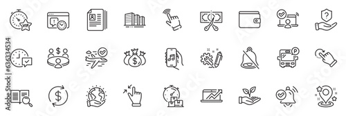 Icons pack as Project deadline  Fast delivery and Confirmed flight line icons for app include Buildings  Vip timer  Check investment outline thin icon web set. Cursor  Cv documents. Vector