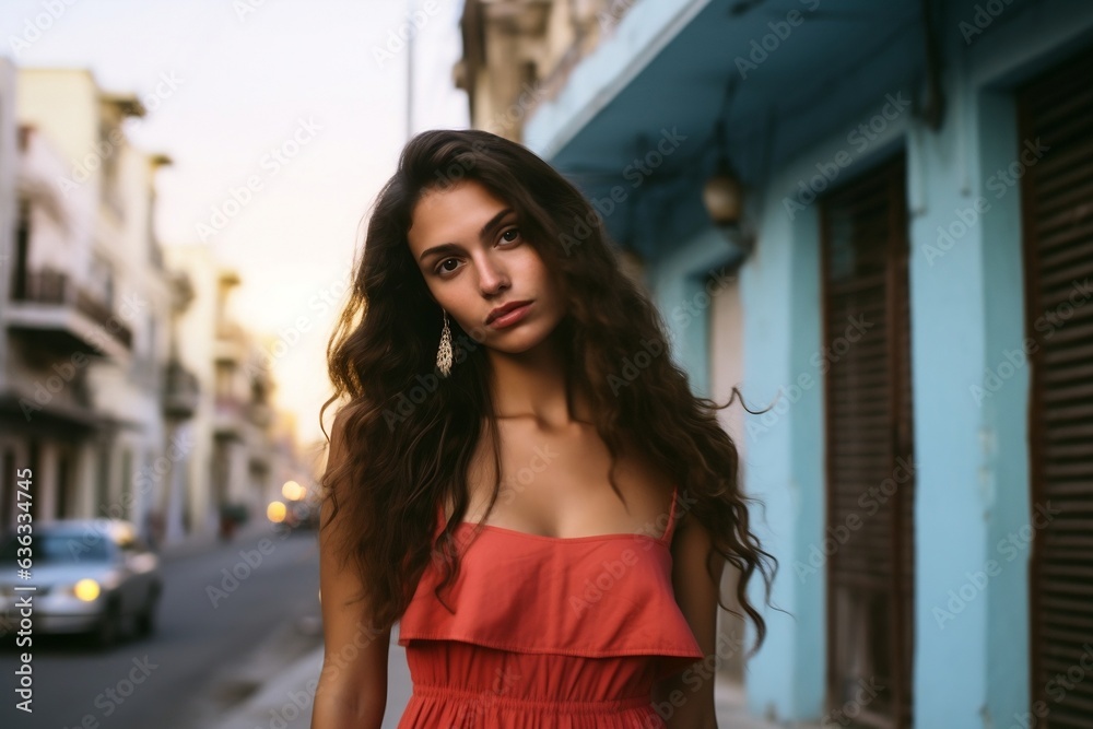 Portrait of a beautiful Cuban woman, long dark wavy hair standing on a faded pastel buildings in background.