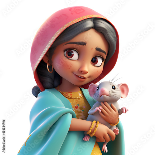 3D Render of a Little Indian Girl with Rat on White Background photo