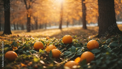 Tangerines on the ground in the autumn forest. Selective focus.