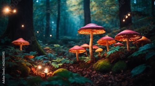 Mushrooms growing in the forest at night. Fairytale magic.