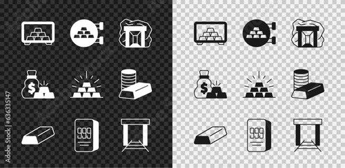 Set Safe with gold bars, Jewelry store, Gold mine, 24k, Bag of and icon. Vector