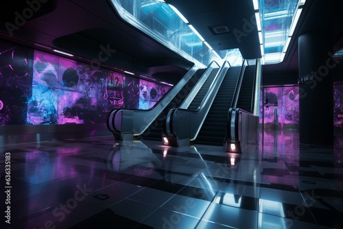 Futuristic metro station with neon lights, wet floors, and escalators. Generative AI