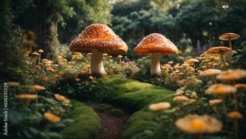 Fantasy landscape with mushrooms in the garden. Selective focus, ai generated