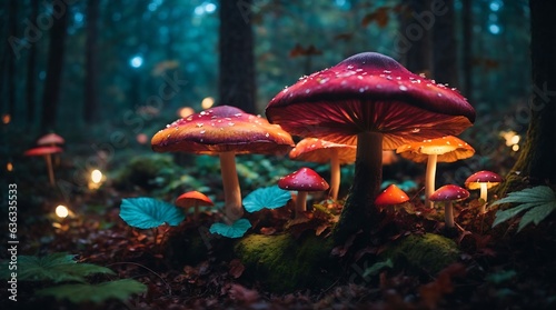 Mushrooms growing in the forest at night. Fairytale magic.