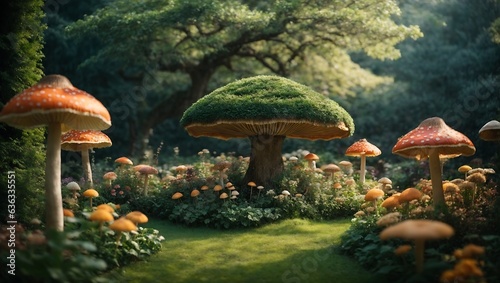 Fantasy landscape with mushrooms in the garden. Selective focus, ai generated