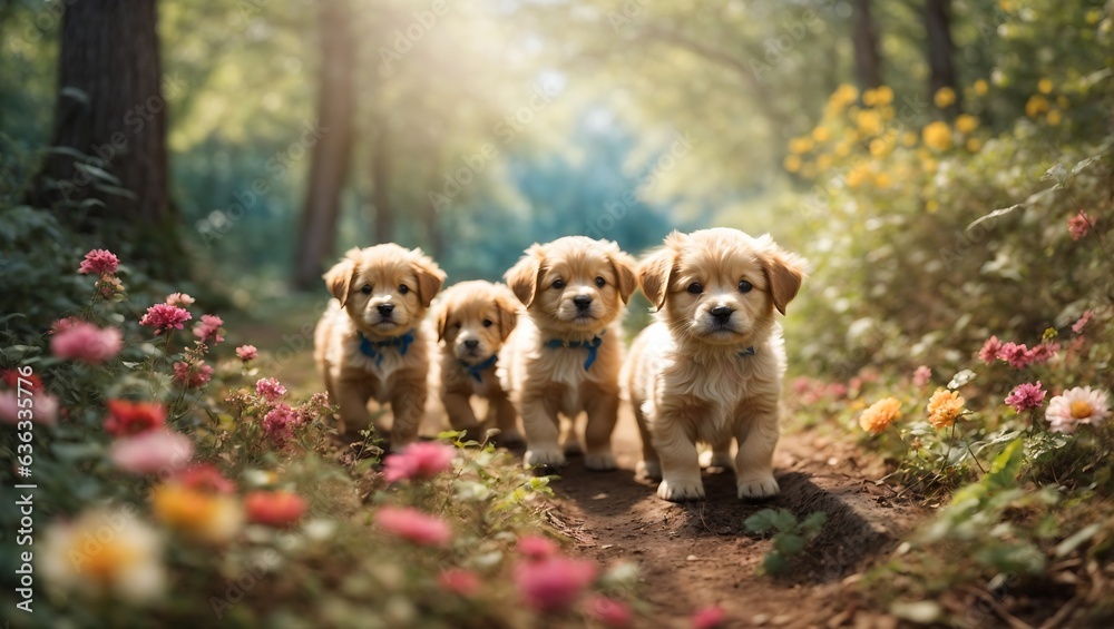 Cute Golden Retriever puppies in the park on a sunny day