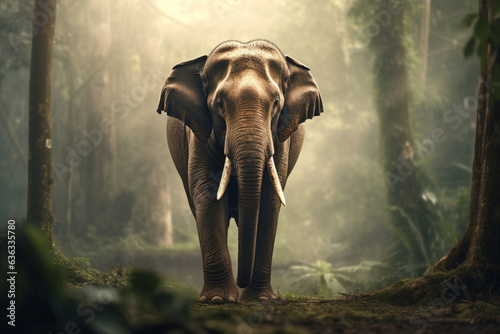 Asian elephant walking in the jungle, Thailand. Vintage tone style.