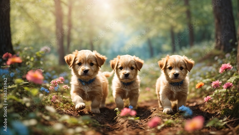 Three cute golden retriever puppies walking in the park. Selective focus.