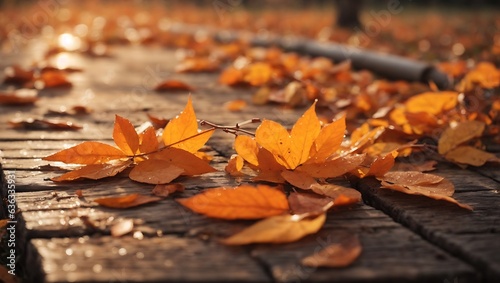 Autumn leaves on a wooden bench in the park. Autumn background