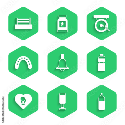 Set Boxing bell, Punching bag, Fitness shaker, glove, Mouth guard boxer, gong and ring icon. Vector