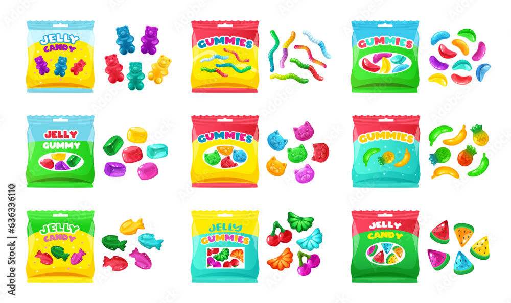 Cartoon jelly sweets. Cute candy variety pack of multicolored jelly beans, gummies and candy worms with packaging vector set