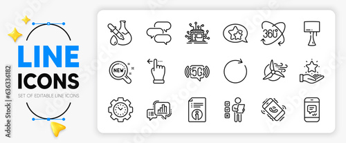 Time management, Message and Call center line icons set for app include Technical info, Windmill turbine, Loyalty program outline thin icon. Graph chart, Touchscreen gesture. Vector