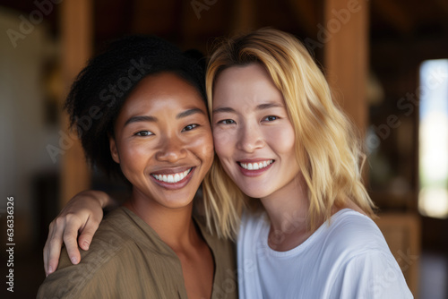Happy multiethnic women together in a luxury retreat. Generative AI.