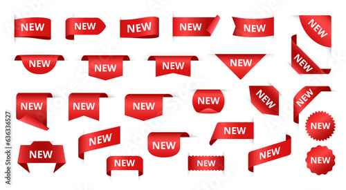 New tags. Red ribbon new product labels, new arrival badges and corners for marketing and promotion isolated vector set