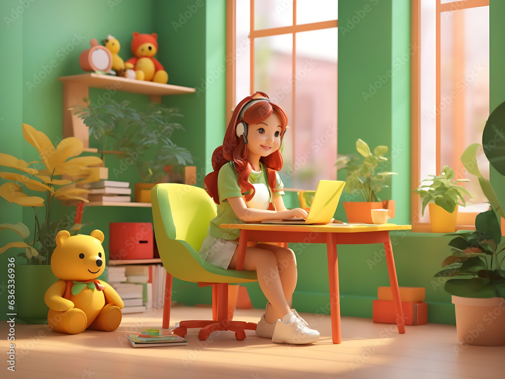Funny smiling girl use computer for study near window. Teen room with red-yellow walls green table chair, plant, books, coffee cup, bear toy, smartphone, cookies. 3d render minimal style Funny smiling girl use computer for study near window. Teen room with red-yellow walls green table chair, plant, books, coffee cup, bear toy, smartphone, cookies. 3d render minimal style