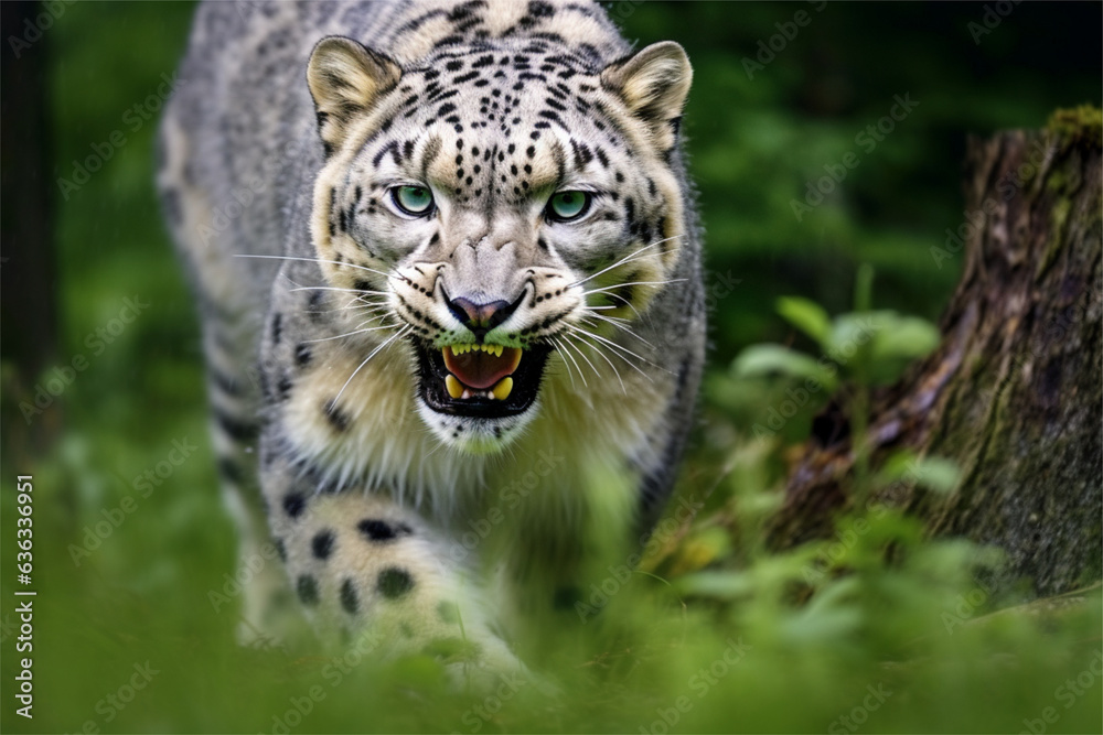 Angry snow leopard (Panthera uncia) in the forest Angry snow leopard (Panthera uncia) in the forest
