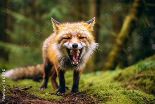Angry red fox, Vulpes vulpes, wild animal in the forest