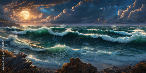 A real photographic landscape painting with incomparable reality, Super wide,  sky, Huge waves, Starry night, Volumetric lighting, Clearing, Realistic, artstation, ultra hd, realistic, vivid colors, h