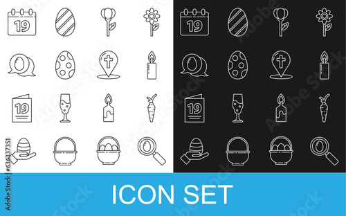 Set line Search and easter egg, Carrot, Burning candle, Flower tulip, Easter, Speech bubble with, Calendar Happy and Map pointer christian cross icon. Vector